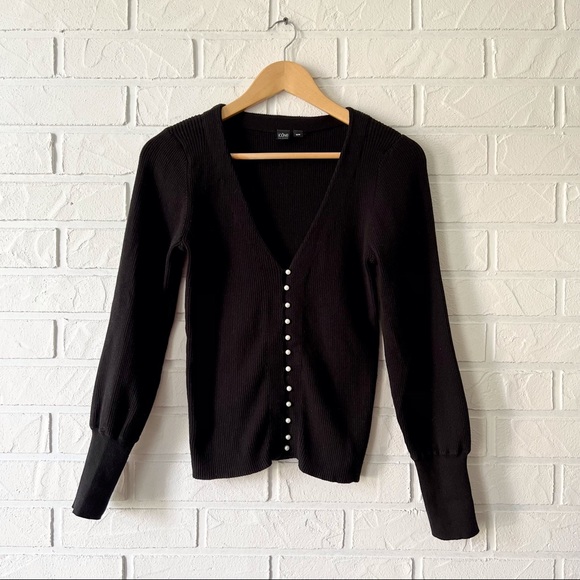 Icōne Simons organic cotton pearl button black stretchy cardigan sweater M - Picture 3 of 13